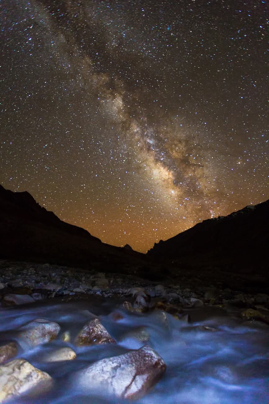 Voie lactée au-dessus d'une rivière himalayenne sous un ciel étoilé au Ladakh